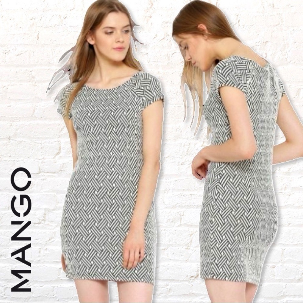 Mango Gray & Cream Textured Knit Pattern Sheath Dress Sz 4 Cotton Blend Stretch